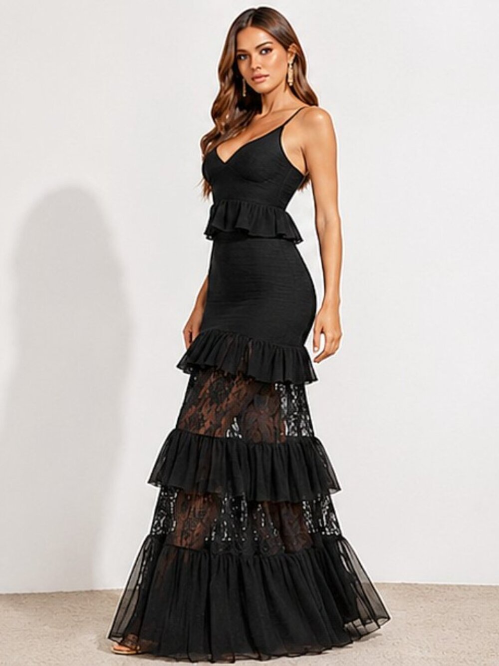 Tiered Lace Spliced Sheer Evening Gown Boutique Ruffle Bandage Maxi Dress S & L - Picture 5 of 10